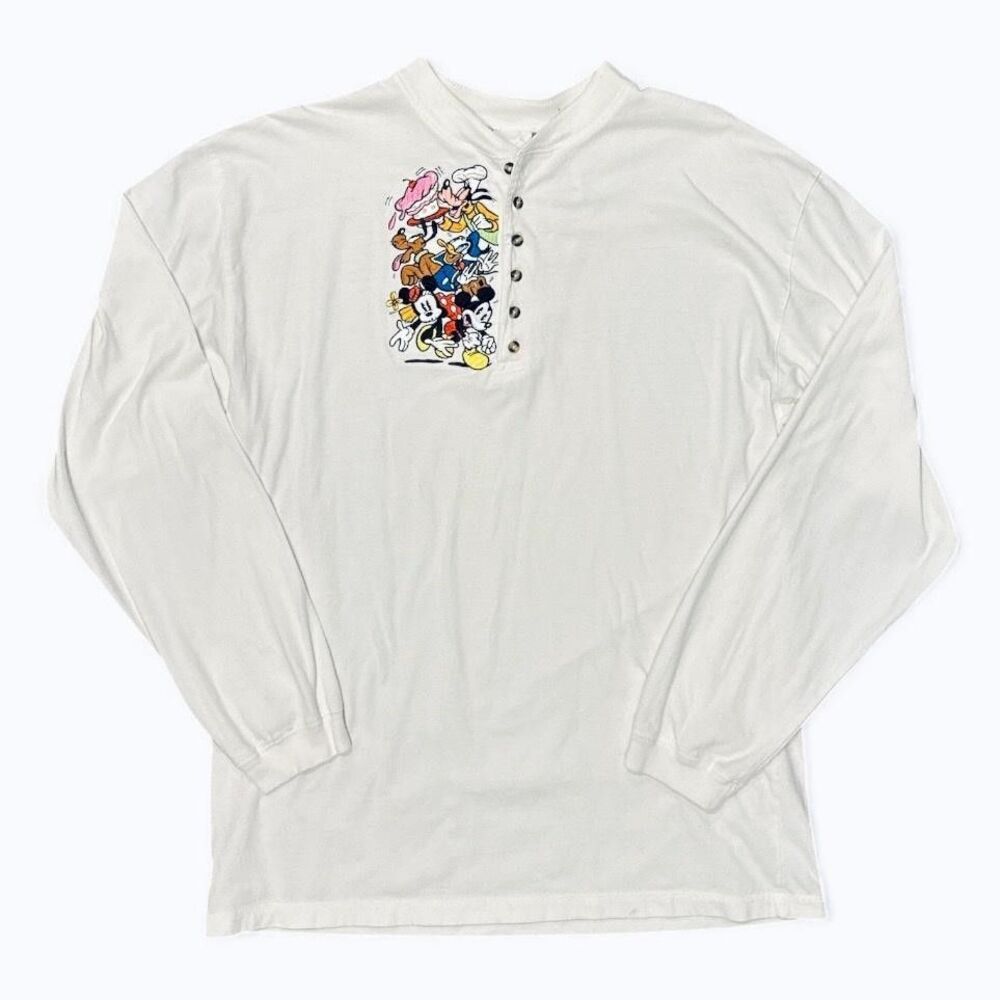 VTG Disney Store Henley Shirt Long Sleeve Adult L Embroidered Mickey Donald